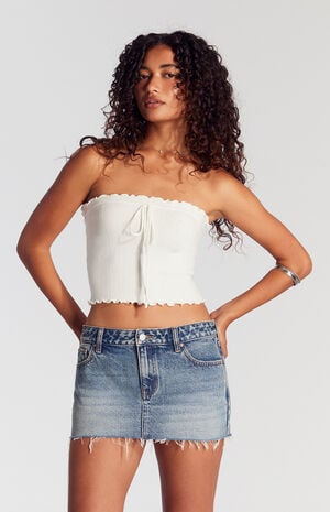 Medium Indigo Low Rise Raw Cut Denim Micro Shorts