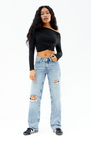 Medium Indigo Ripped V Dip '90s Boyfriend Jeans image number 1