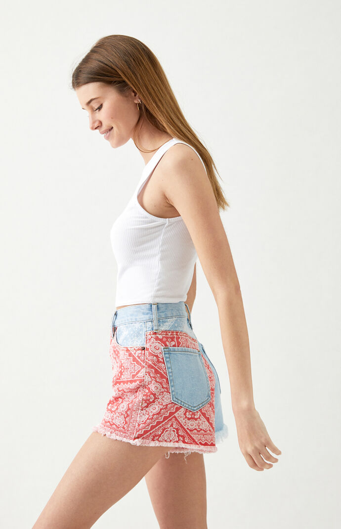 Bandana Panel Ultra High Waisted Vintage Denim Shorts