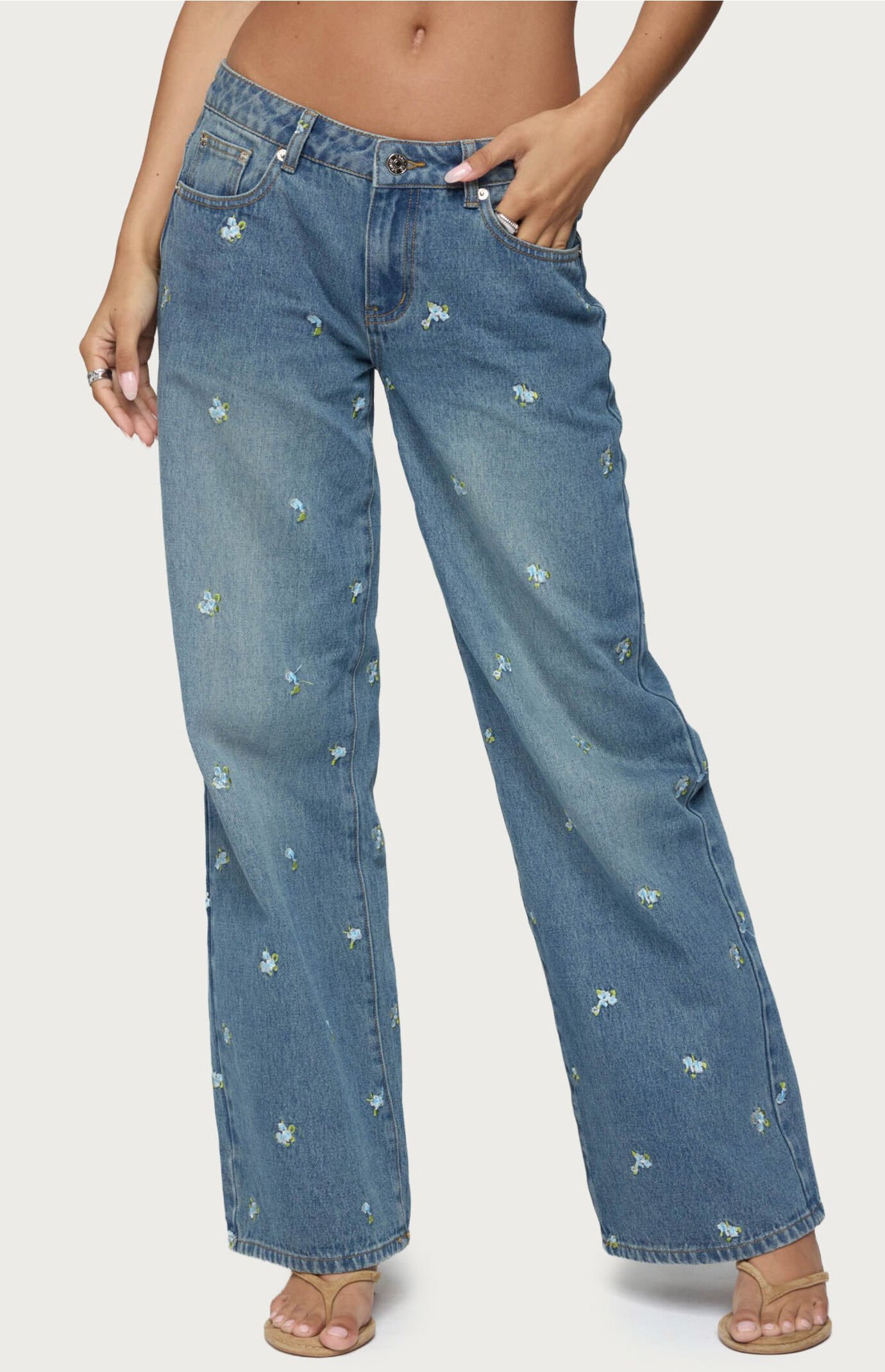 Edikted Edna Floral Embroidered Low Rise Jeans