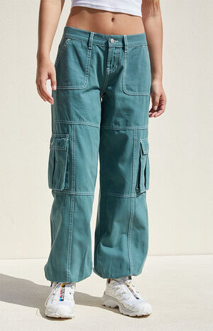 Green Low Rise Wide Leg Cargo Pants image number 2