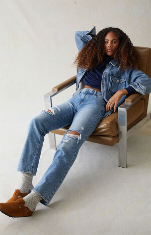 Eco Light Blue Ripped Boyfriend Jeans image number 6