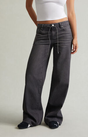 Casey Low Rise Baggy Jeans Glitter Drawstring Gray image number 3