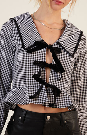 Gingham Collared Tie Long Sleeve Top image number 2