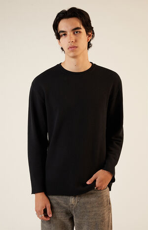 Black Solid Raw Hem Waffle Knit Long Sleeve T-Shirt image number 1