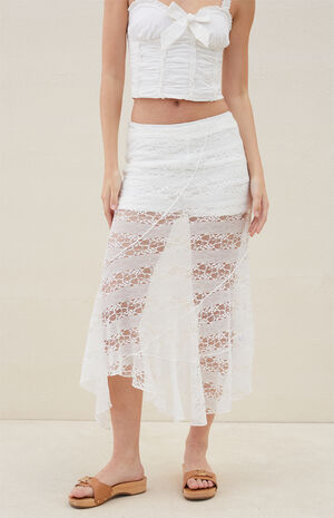 Sheer Asymmetrical Lace Midi Skirt image number 2