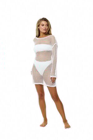 White Crochet Long Sleeve Tunic Dress image number 4