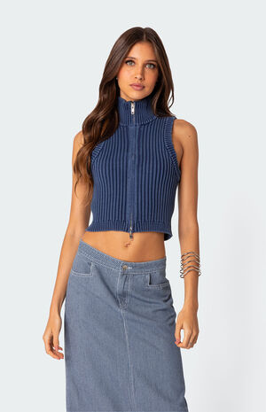 Washed Zip Up Knit Tank Top image number 1