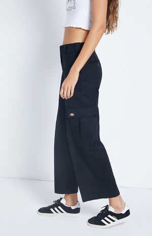 Black Cropped Straight Fit Cargo Pants image number 3