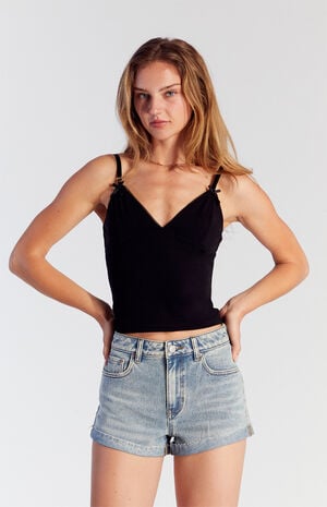 Light Indigo Raw Cut Denim Mom Shorts