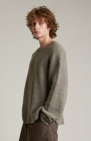 Heather Grey Heavy Waffle Knit Crew Neck Sweater image number 3