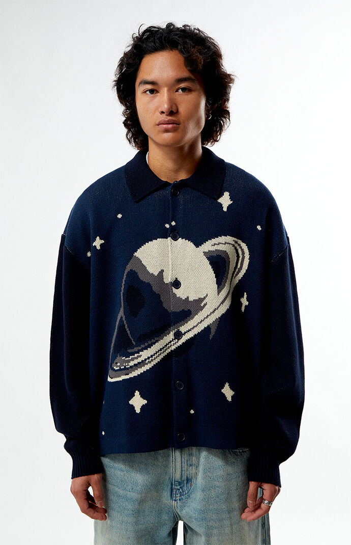 Pacsun Navy Space Button-Up Polo Cardigan
