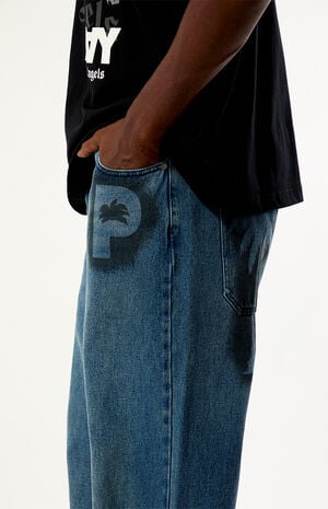 Medium Blue Graffiti Logo Baggy Wide Leg Jeans image number 5