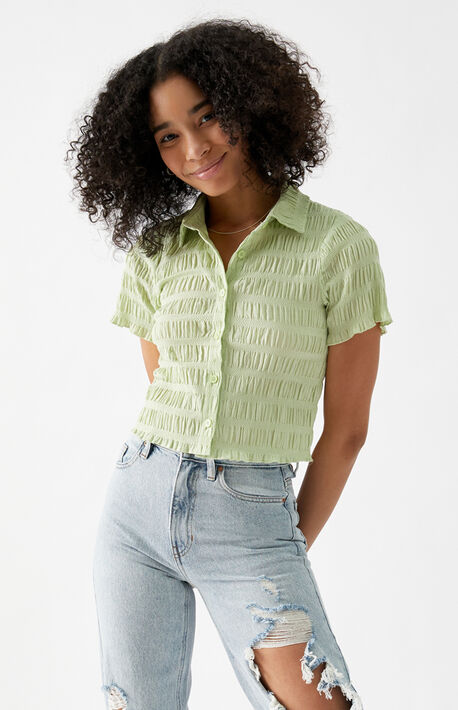 Shirred Smocked Button Down Shirt