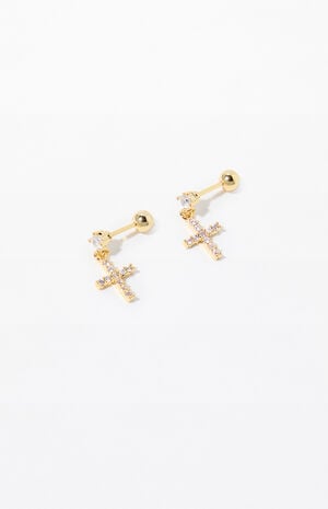 Gold Cross Diamond Stud Earrings image number 2