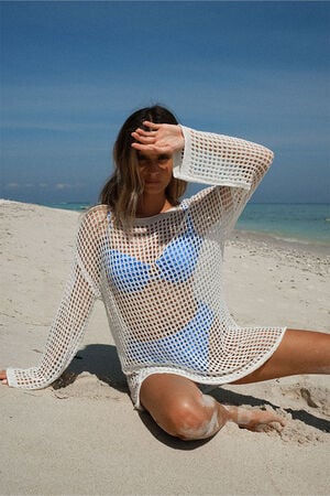 White Crochet Long Sleeve Tunic Dress image number 1