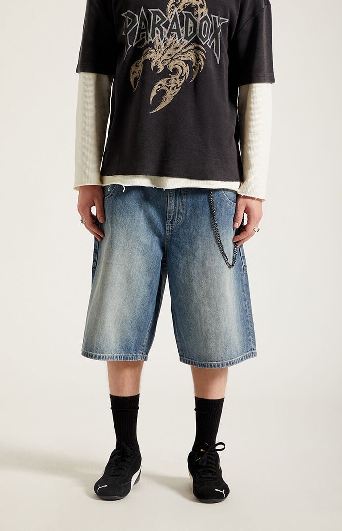 Pacsun Austin Extreme Baggy Denim Shorts Chain Medium Blue