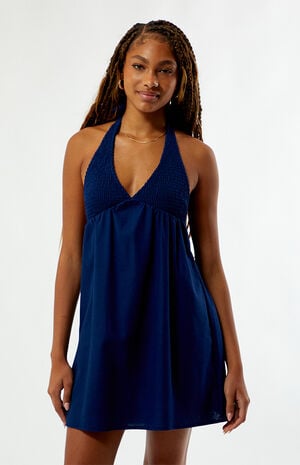 Smocked Halter Linen Mini Dress image number 2