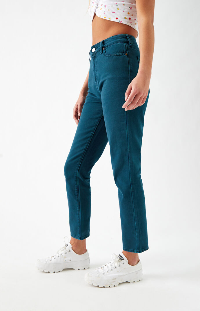 Teal High Waisted Straight Leg Jeans