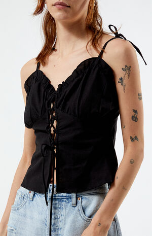 Linen Lace Up Ruched Top image number 2