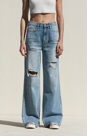 Medium Indigo Ripped&nbsp;Mid Rise Baggy Jeans image number 1