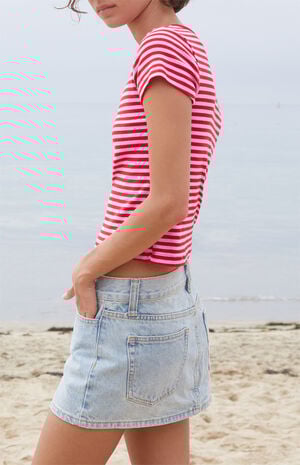 Red Hailie Striped Short Sleeve Crop Top image number 2