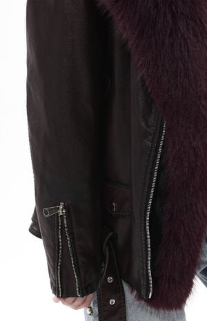 Aurelia Burgundy Faux Leather & Fur Moto Jacket image number 6