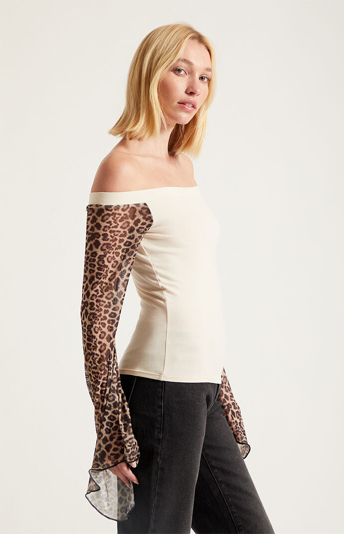 Third Charm Off-The-Shoulder Leopard Sleeve Top