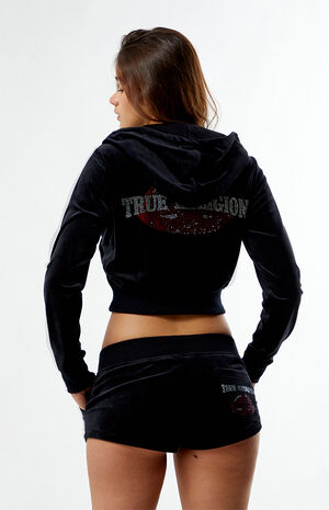 Crystal Lips Velour Shrunken Zip Up Hoodie image number 4