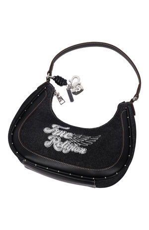 Black Wing Motif Denim Hobo Bag image number 7
