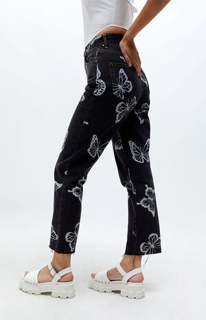 Black Butterfly High Waisted Straight Leg Jeans image number 2