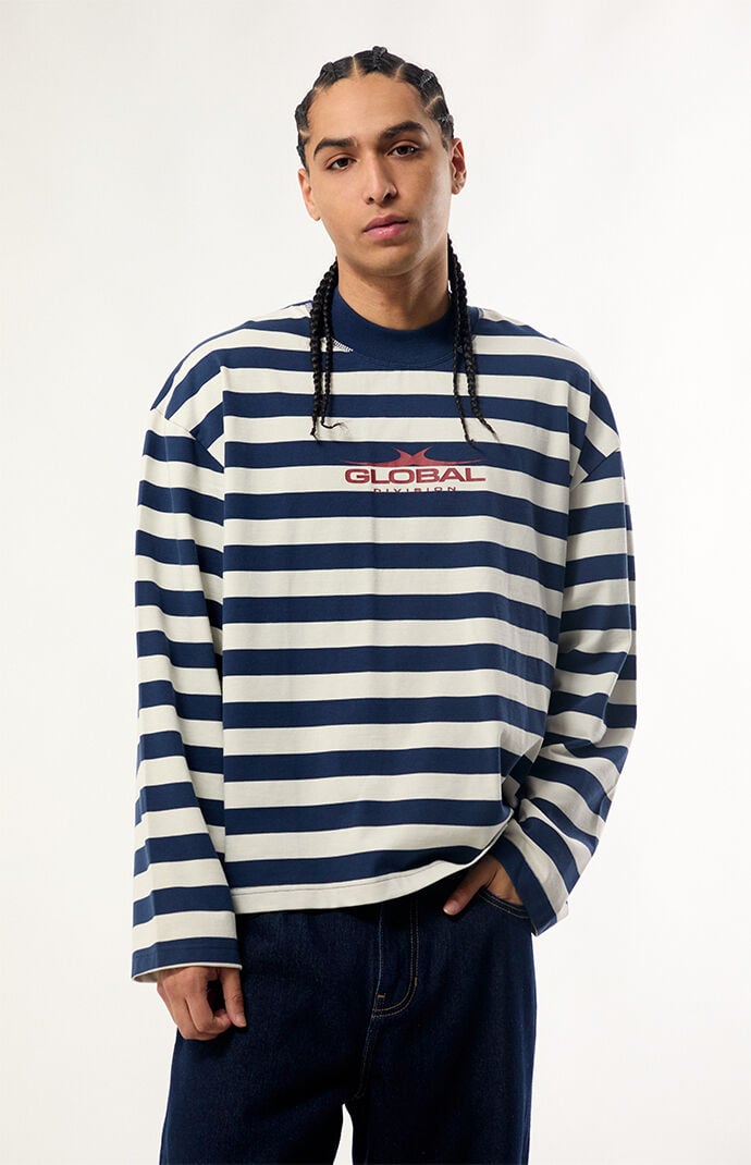 Pacsun Blue Global Striped Heavyweight Cropped Long Sleeve T-Shirt