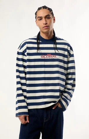 Blue Global Striped Heavyweight Cropped Long Sleeve T-Shirt image number 1