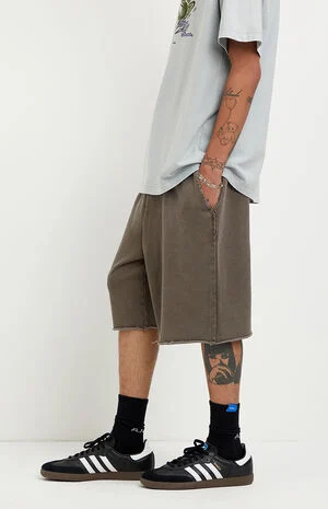 Washed Brown Fleece Raw Baggy Sweat Shorts image number 3