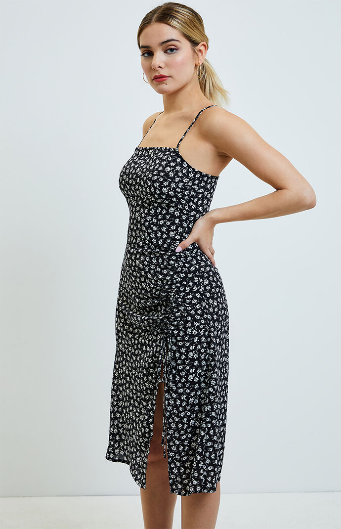 Side Cinched Slit Midi Dress