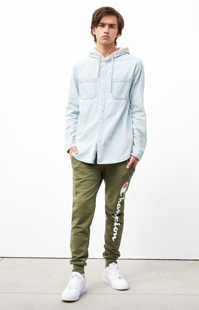 Hooded Denim Long Sleeve Button Up Shirt