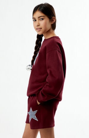 Maroon Plaid Star Embroidered Sweat Shorts image number 3