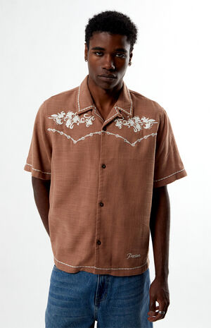 Tan Western Embroidered Oversized Resort Camp Shirt image number 1
