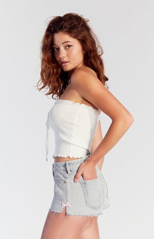 Light Indigo Bow Denim Micro Shorts