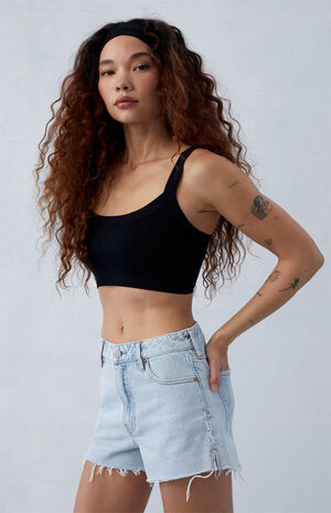 Eco Light Indigo Ripped Studded High Waisted Denim Festival Shorts image number 2