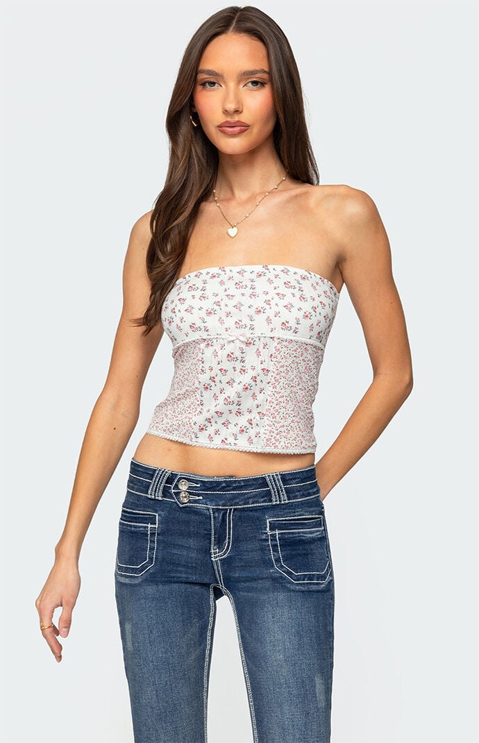 Edikted Mixed Floral Pointelle Tube Top