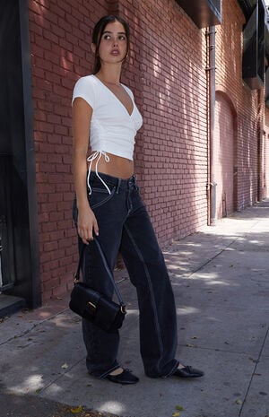 White Short Sleeve Cinched Wrap Top image number 2