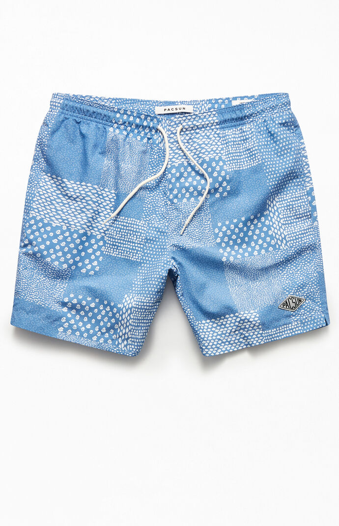 Blue Patchwork 17" Swim Trunks