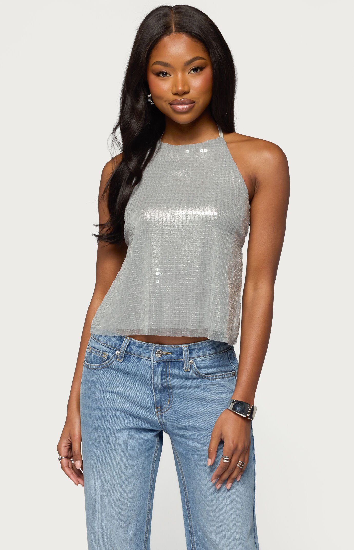 Edikted Itara Sequin Backless Halter Top