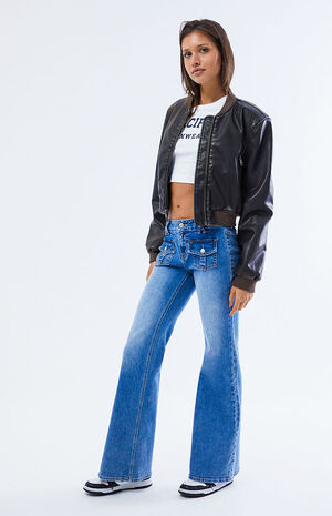 Medium Blue Low Rise Cargo Flare Jeans image number 1