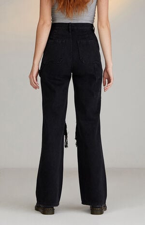 Black Distressed Ultra High Waisted Flare Carpenter Pants image number 4