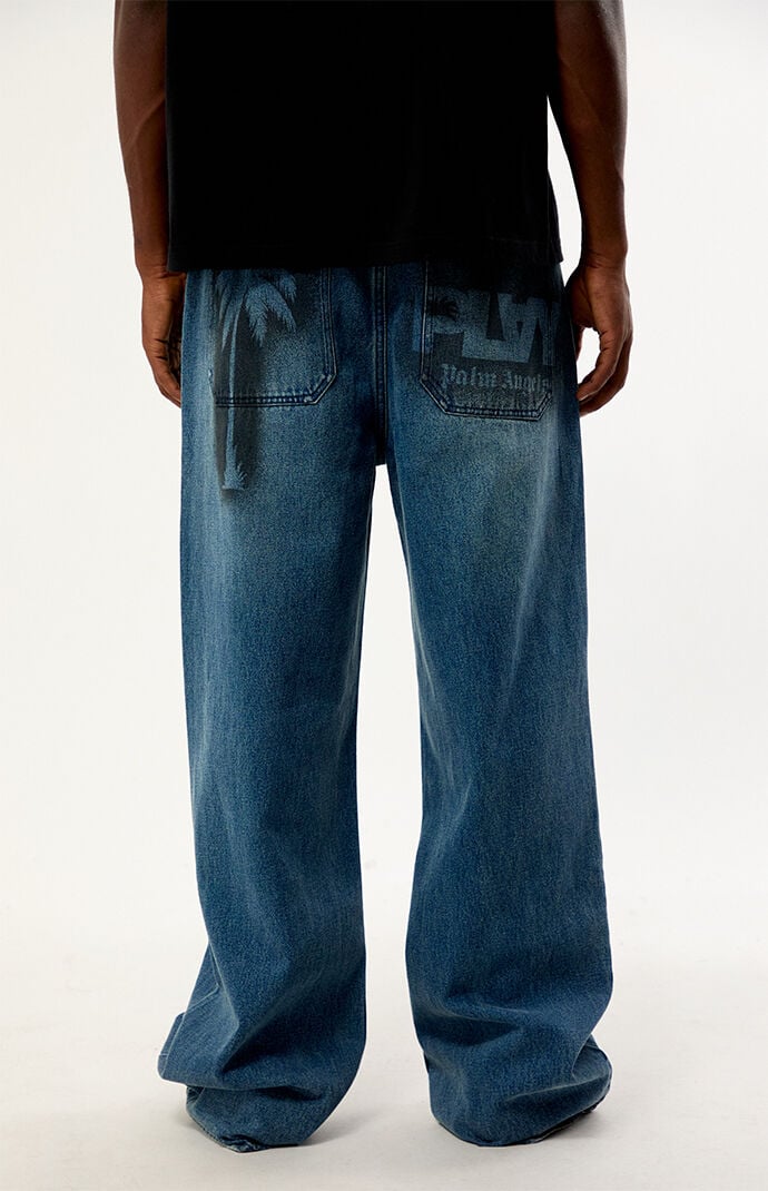 PLAY PALM ANGELS Medium Blue Graffiti Logo Baggy Wide Leg Jeans