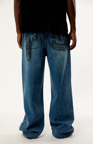 Medium Blue Graffiti Logo Baggy Wide Leg Jeans image number 2