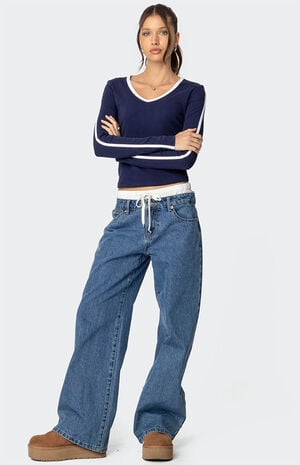 Contrast V Neck Long Sleeve T-Shirt image number 2