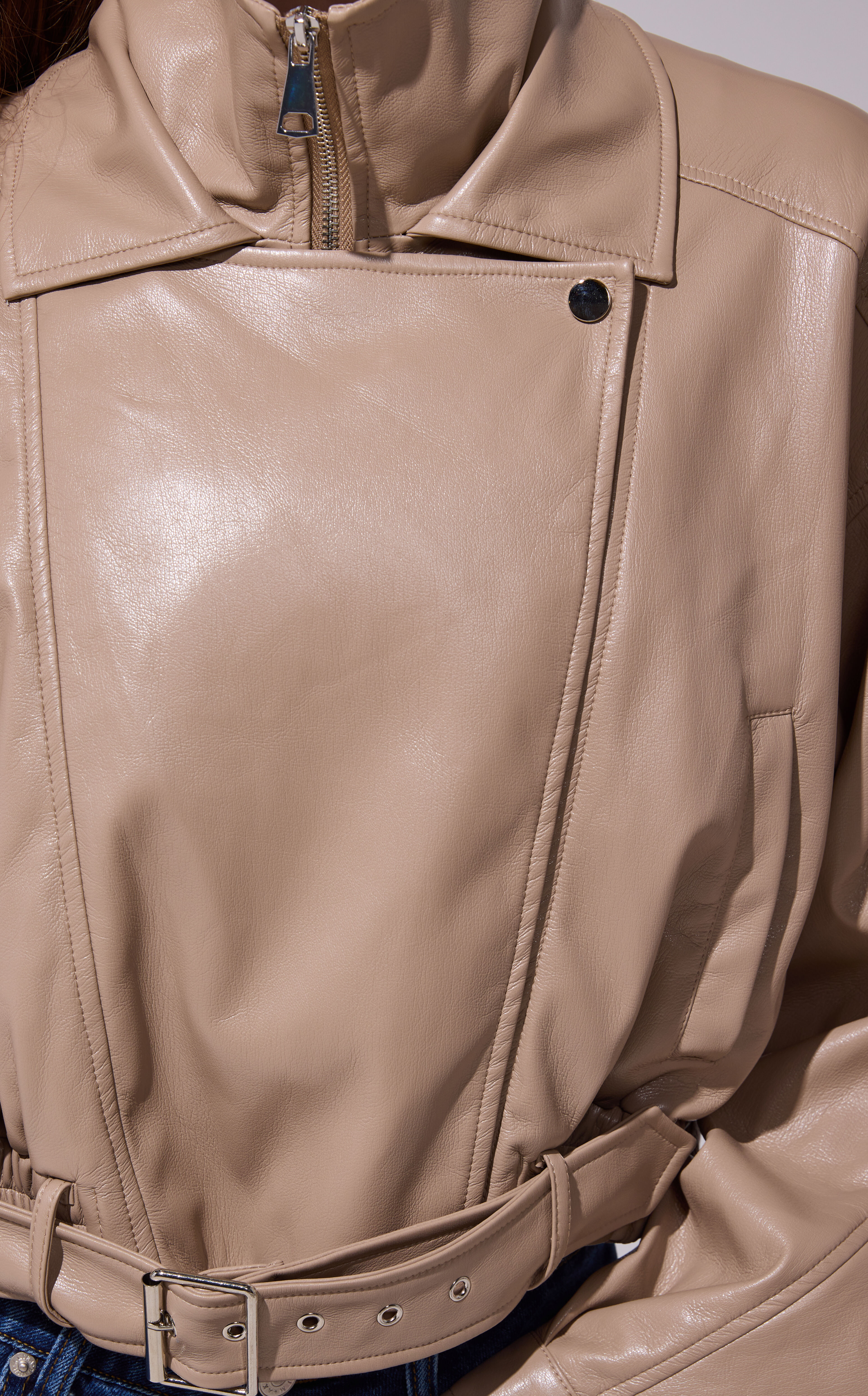 AZALEA WANG Papoose Faux Leather Beige Cropped Jacket